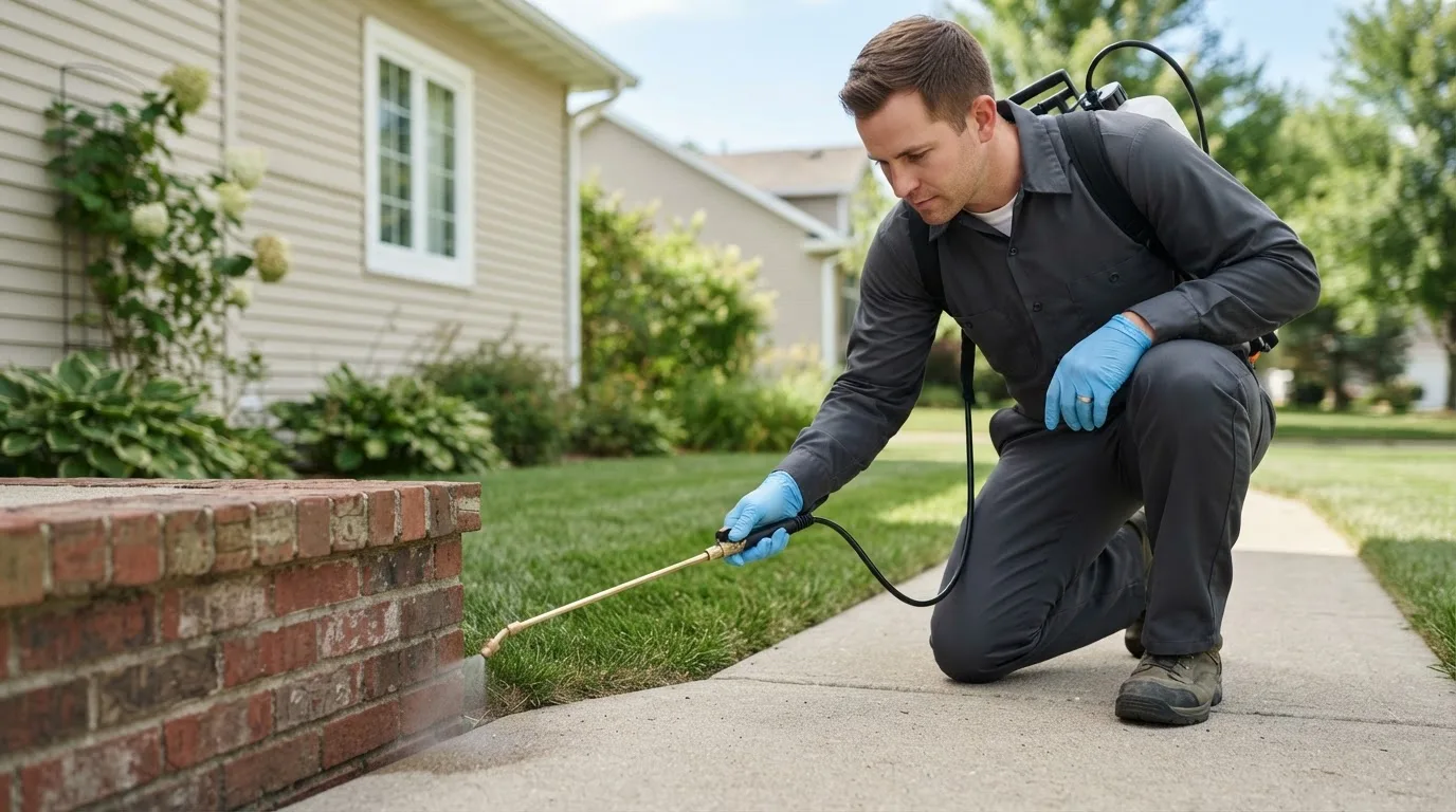 Pest control technician treating a home near Hurdland, MO