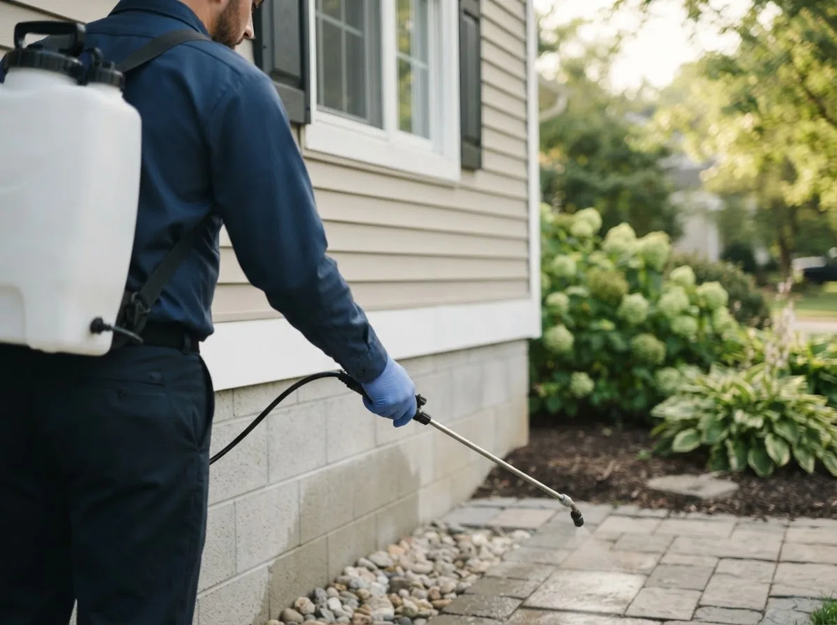 Pest control technician inspecting a home in Hurdland, MO